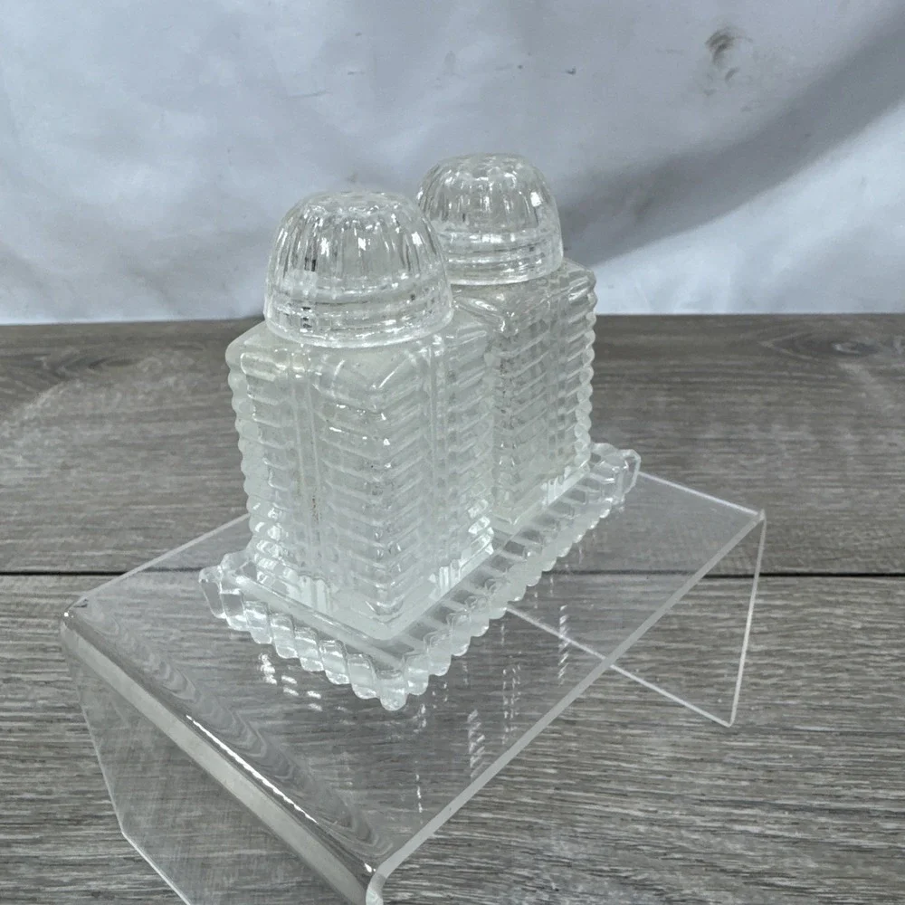 Square Ribbed Glass Salt Pepper Shakers on Tray glass lids Japan 1950s